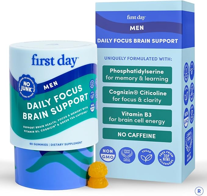 FIRST DAY Men’s Daily Nootropic Brain Supplement Gummies for Focus Memory &amp Mental Energy | with Cognizin® Citicoline Phosphatidylserine &amp Natural Caffeine | Vegan Allergen-Free | 30-Day Su