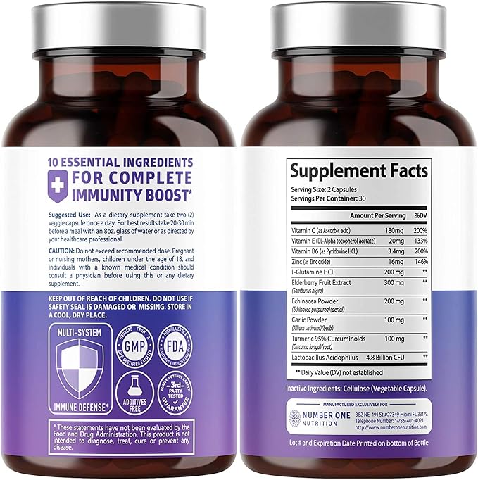 Number One Nutrition N1N Premium Magnesium Citrate [1250mg] and Elderberry Immune Support [10 Potent Ingredients] 2 Pack Bundle