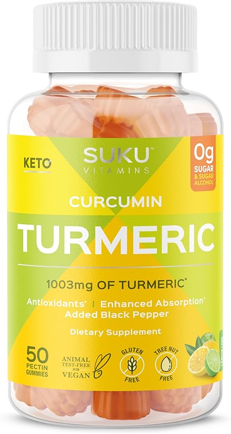 SUKU Turmeric Curcumin Sugar Free Gummies with 1003mg of Turmeric - Black Pepper Protects Liver Improves Digestion Inflammation Response &amp Joint Health – Lemon Lime Flavour (50 Gummies)