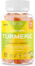SUKU Turmeric Curcumin Sugar Free Gummies with 1003mg of Turmeric - Black Pepper Protects Liver Improves Digestion Inflammation Response &amp Joint Health – Lemon Lime Flavour (50 Gummies)