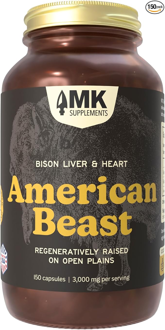 MK Supplements American Beast Bison Organ Supplement for Athletes Supports Strength Endurance &amp Recovery Freeze-Dried Non-GMO Bison Liver &amp Bison Heart 30 Servings (3000 mg Each)