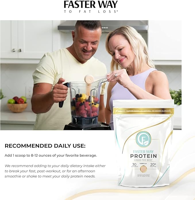 Faster Way - Protein Powder - Hydrolyzed Grass Fed Beef - 20g of Protein Per Serving - Muscle Growth &amp Recovery - 9 Essential Amino Acids - Sugar Gluten &amp Dairy Free - Non-GMO - Vanilla - 30