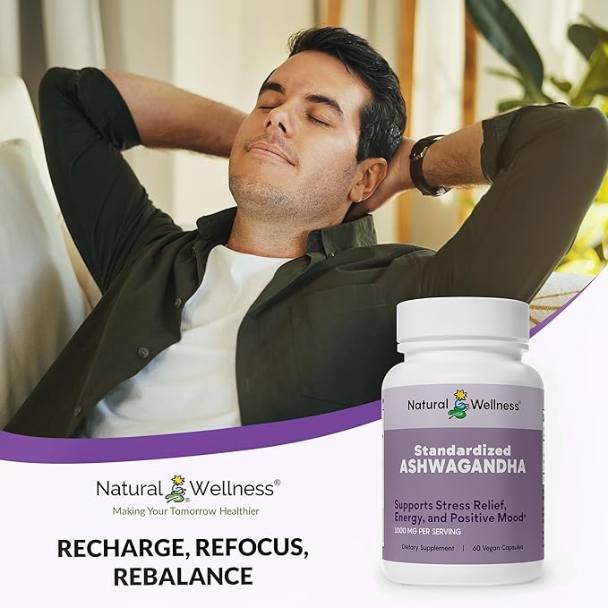Natural Wellness Ashwagandha Root Extract 1000 mg – High Potency Stress Relief &amp Mood Support – Promotes Relaxation Sleep &amp Energy Balance – Standardized to 7% – 60 Vegan Capsules (30 Day Sup