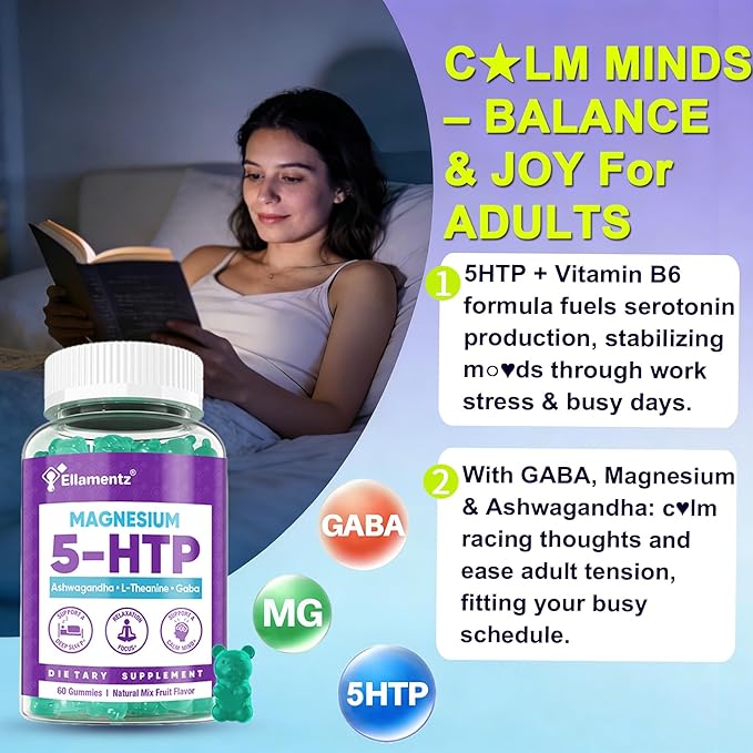 5HTP Gummies + GABA - Melatonin Free -Magnesium Glycinate Ashwagandha L-Theanine L-Tryptophan &amp Vitamin D3 | Relaxation &amp Calm Gummies | Nighttime Support for Adults 2 Pack