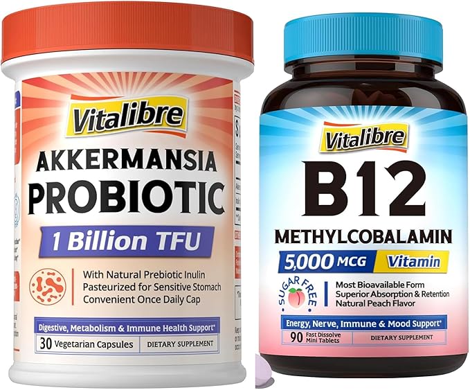 Akkermansia Muciniphila Probiotic 1 Billion TFU 30 Capsules &amp Vitamin B12 Sublingual 5000 mcg 90 Fast Dissolve Mini Tablets No Sugar