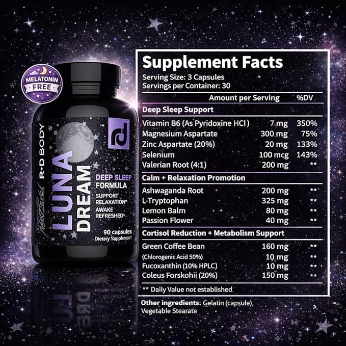 Luna Dream Natural Sleep Supplement for Relaxation &amp Restful Sleep (90 Capsules) - Natural Sleep Aid with Valerian Root Ashwagandha Magnesium L-Tryptophan Lemon Balm &amp More - Melatonin Fr