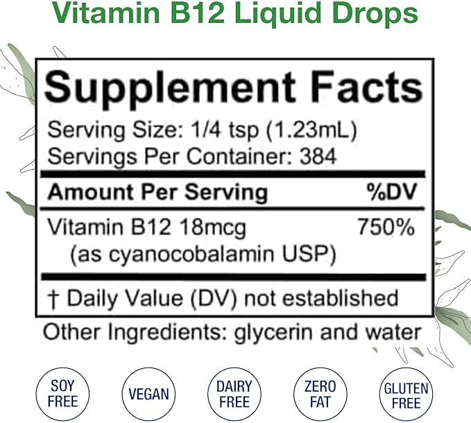 Vitamin B12 Liquid Drops – B12 Liquid Cyanocobalamin Drops to Support Brain Function &amp Heart Health – Liquid Vitamin Energy Supplement – Alcohol-Free Skin Nails &amp Hair Vitamin Supplement 16