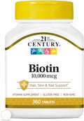 21st Century Biotin 10000 mcg Tablets (360 Count) High Potency Biotin Supplement Supports Hair Skin &amp Nail Health Gluten &amp Sugar-Free Daily Vitamin B7 Supplement Non-GMO