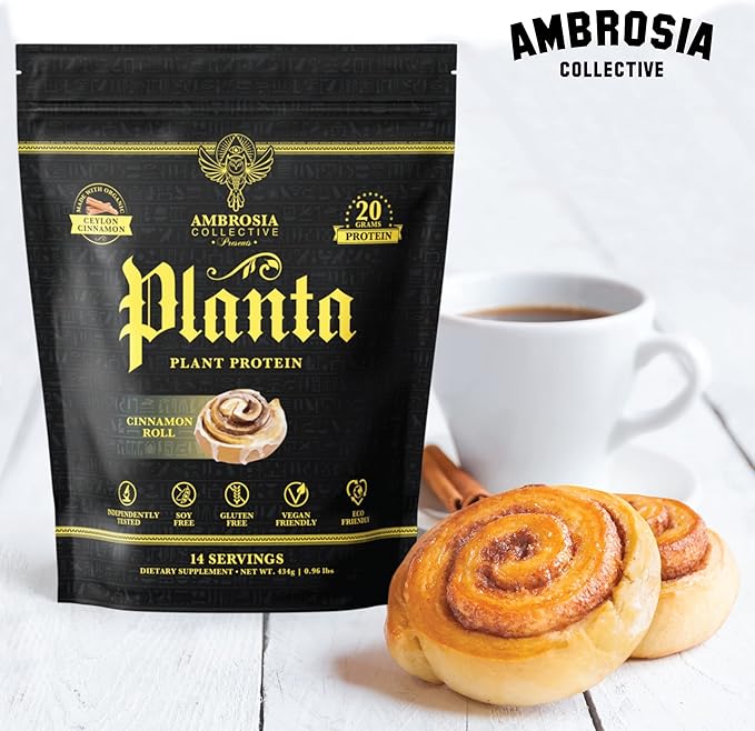 Ambrosia Planta - Premium Plant-Based Protein | Vegan &amp Keto Friendly | Gourmet Flavors with No Bloating or Stomach Upset | Gluten &amp Soy Free | No Added Sugar | 14 Servings | (Cinnamon Roll)
