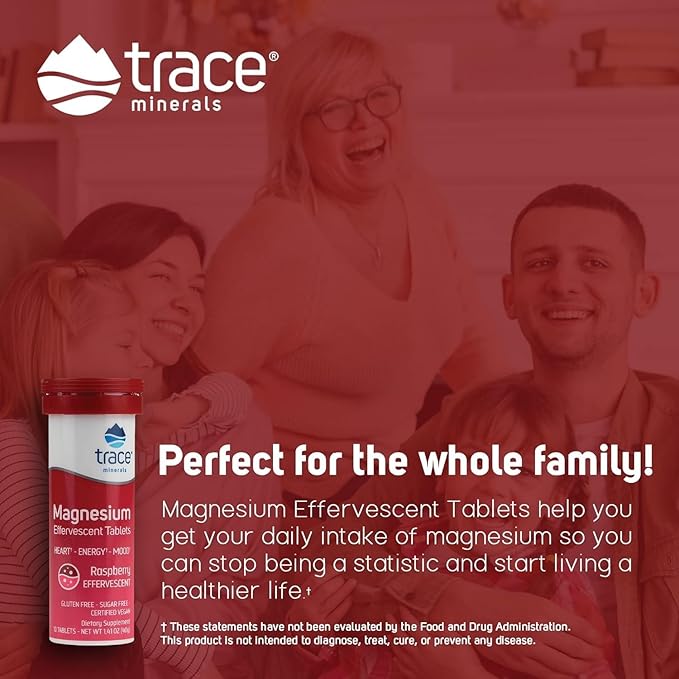 Trace Minerals Magnesium Effervescent - Healthy Heart &amp Energy Support Supplement - Natural Magnesium Supplement to Aid Healthy Sleep - Gluten-Free Health Supplement - Raspberry 8 Tubes (80 Servi