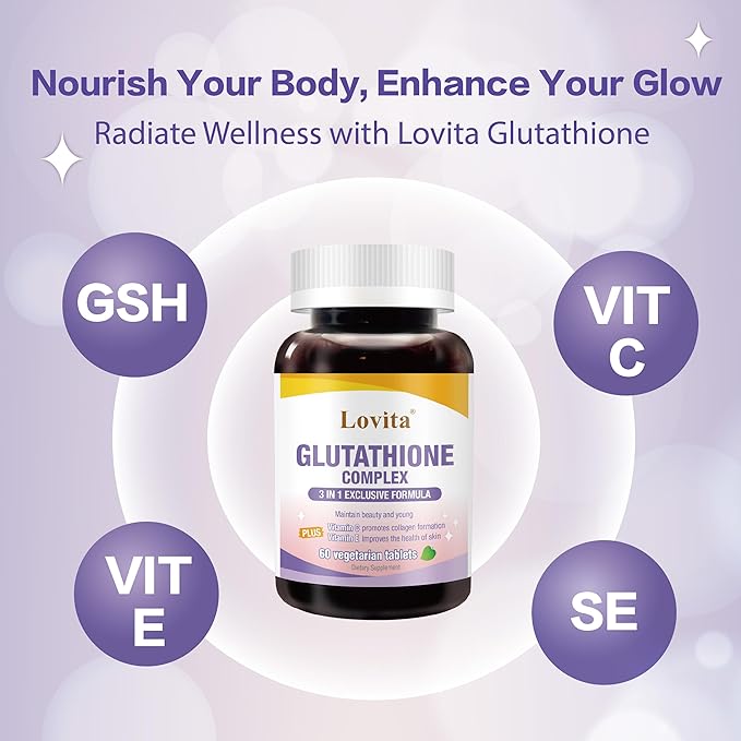 Lovita Glutathione Complex 500mg for Radiant Skin &amp Immunity Support | 99.8% Purity with Vitamin C Selenium &amp E Vegan Non-GMO Gluten-Free 180 Vegetarian Tablets (Pack of 3)