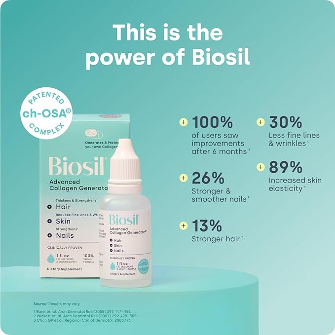 Biosil Collagen Booster Supplement - 1 fl oz Drops Pack of 2 - Patented ch-OSA Activator for Skin Hair Nails &amp Joints - Supports Natural Production - 120-Day Supply