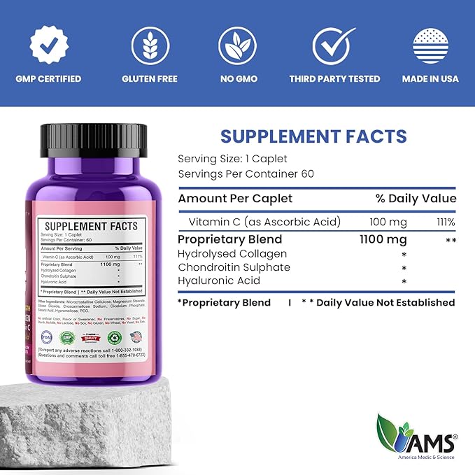 America Medic &amp Science Colla Caps (60 Caplets) | Collagen and Hyaluronic Acid Supplement with Vitamin C | for Men and Women | Repairs and Restores Skin Elasticity | Promotes Healthy Hair Growth