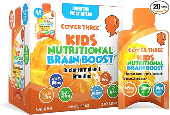 Cover Three Supplements for Kids Brain Supplement Smoothie Omega 3 Liquid Childrens DHA Fish Oil Kids Focus and Attention Emotional Support 20 Pouches Pack 1