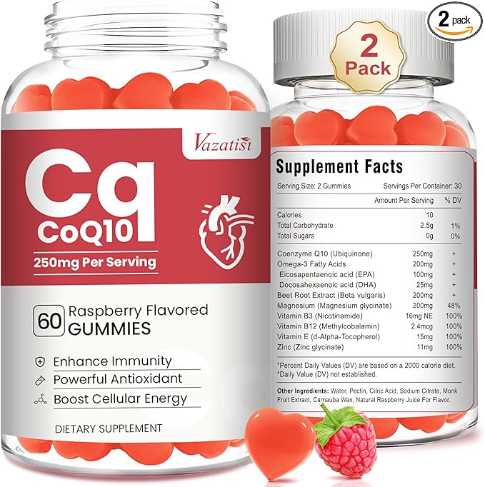 2 Pack CoQ10 Gummies 250 mg Plus Omega-3 Magnesium Vitamin B12 for Cellular Energy Brain &amp Antioxidant 5X Better Absorption Coenzyme Q10 Supplement Raspberry Flavored Gummies - 120 Cts