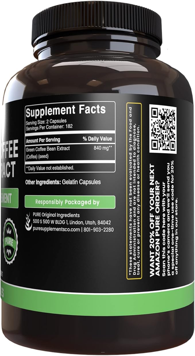 PURE ORIGINAL INGREDIENTS Green Coffee Bean Extract (365 Capsules) No Magnesium Or Rice Fillers Always Pure Lab Verified