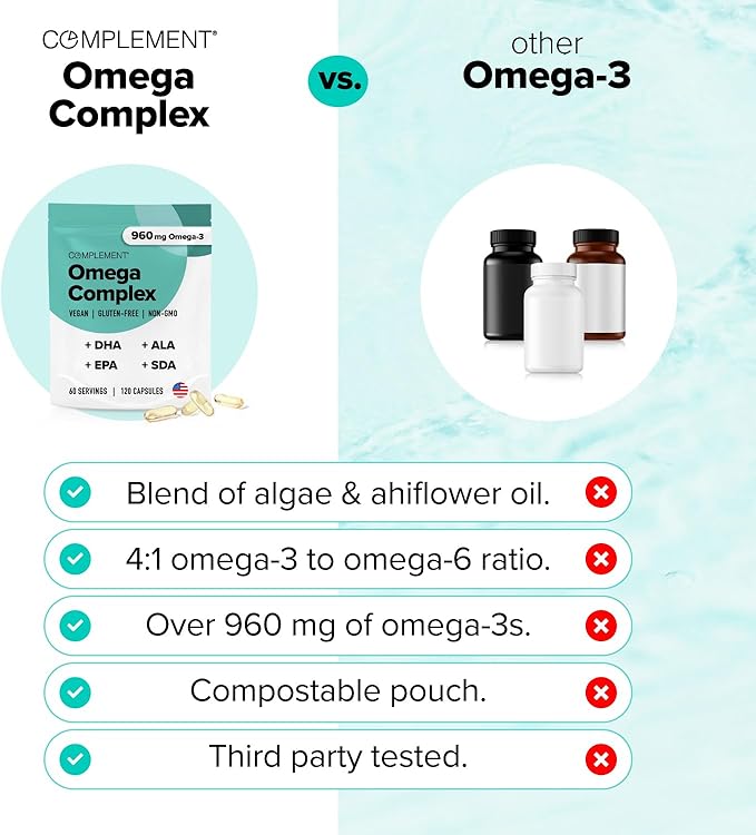 Complement Vegan Omega 3 Supplement- 960mg Omega-3 Fatty Acids DHA EPA SDA ALA Supplement - Immune Support- 60 Servings 120 Liquid Capsules