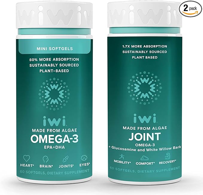 Iwi Omega-3 Minis &amp Joint Omega-3 Bundle 30 Servings Vegan Plant-Based Algae Omega 3 Krill &amp Fish Oil Alternative No Fishy Aftertaste