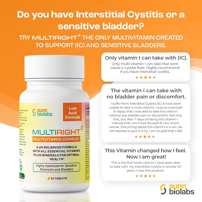 MULTIRIGHT | LOW ACID MULTIVITAMIN for Sensitive Stomachs Bladders | 14 Vitamins &amp 14 Minerals | Bladder-Friendly pH Balanced | Easy on Digestion-Less Acidic | Buffered Vitamin C | 180 Tab (2)