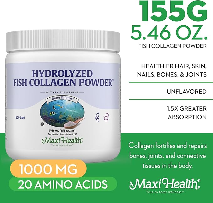 Maxi Health Collagen Peptides Powder – Type I Unflavored Marine Powder Collagen for Women &amp Men - Wild-Caught Protein Supplement for Joints Skin Hair &amp NailNails (5.46 oz)