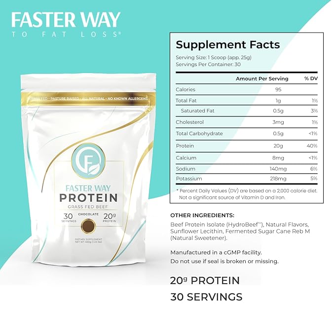 Faster Way - Protein Powder - Hydrolyzed Grass Fed Beef - 20g of Protein Per Serving - Muscle Growth &amp Recovery - 9 Essential Amino Acids - Sugar Gluten &amp Dairy Free - Non-GMO -Chocolate -30