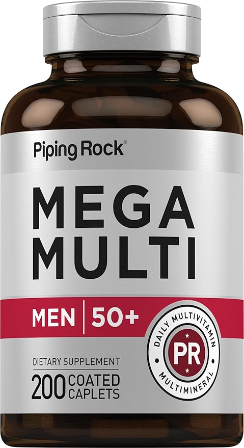 Piping Rock Multivitamin for Men Over 50+ | 200 Caplets | Mega 50 Plus Daily Multimineral | with Magnesium Calcium Zinc | Non-GMO Gluten Free Supplement