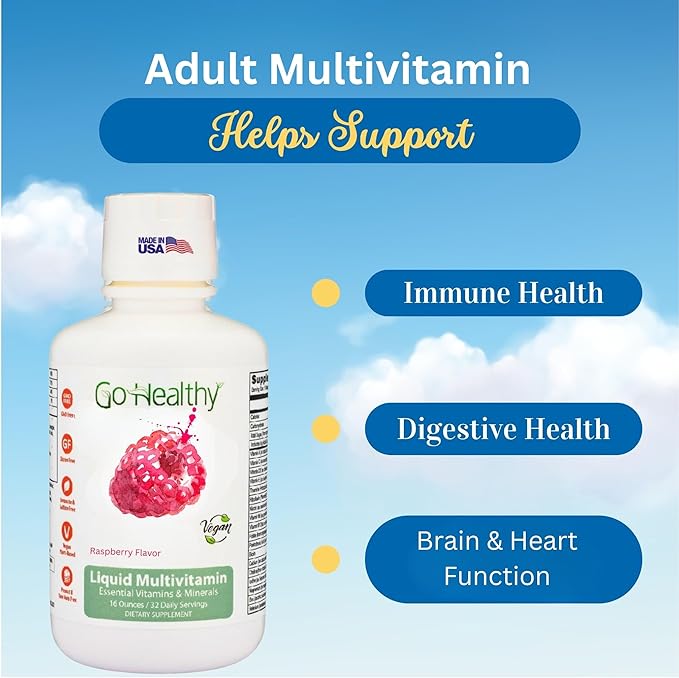 Go Healthy Liquid Vitamins for Women Men Teens | Vegan Vitamin &amp Mineral | High Absorption | Premium Liquid Multivitamin | Immune Support | Raspberry - 32 Servings