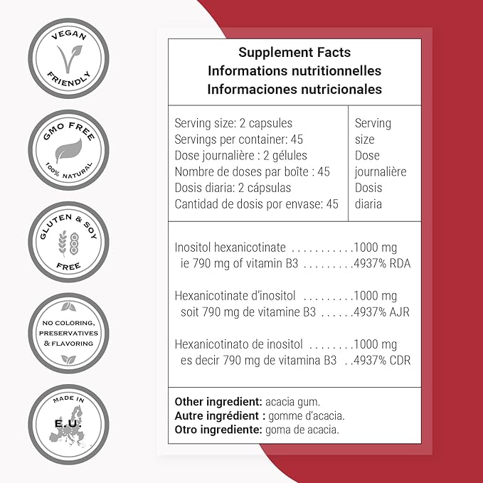 Supersmart - Inositol Hexanicotinate 1500mg per Day (High Strength Niacin Flush Free) - Improved Vitamin B3 Supplement | Non-GMO &amp Gluten Free - 90 Vegetarian Capsules