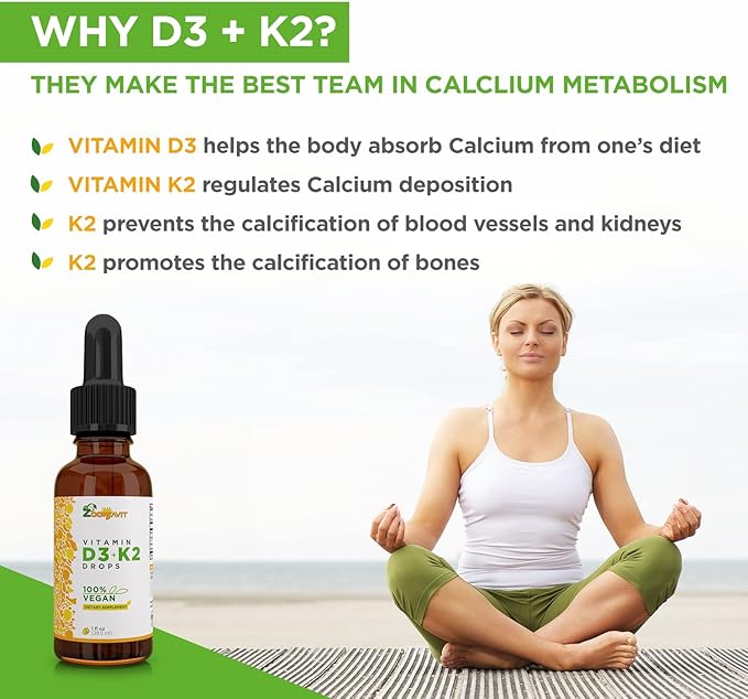 Vegan Liquid Drops Vitamin D3 K2 (MK7) - 100% Plant Based Liquid Vitamin D Enhanced with Coconut Oil for Max Absorption - 1 Serving = 1000 IU VIT D3 and 200 mcg VIT K2