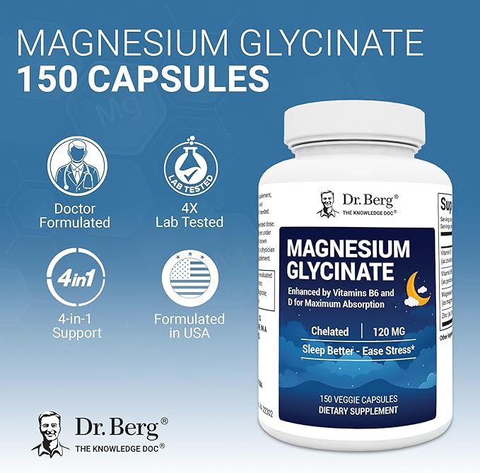 Dr. Berg Magnesium Glycinate 150ct – 4-in-1 Chelated for Muscle Nerve Sleep &amp Stress Support*– w/ D3 B6 &amp Zinc – 4X Lab-Tested – No Fillers – Formulated in USA GMP-Certified