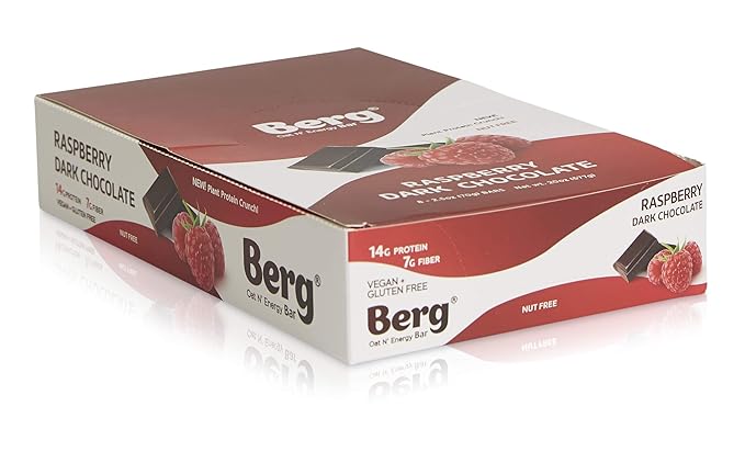 Berg Oat N' Energy Bar | Raspberry Dark Chocolate | Plant Based Protein Bar | Non-GMO Gluten Free Nut Free and Vegan | Low Sugar Healthy Snack Bar | High Fiber | On The Go | 2.5oz (8 Packs)