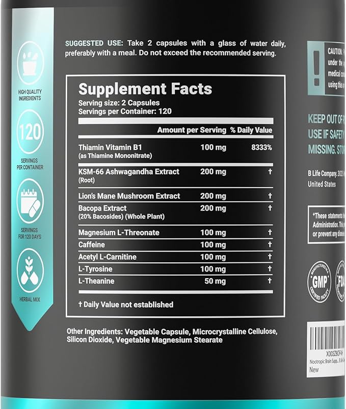 Lion’s Mane Mushroom Capsules – Memory Focus &amp Clarity – Nootropic Brain Supplement with Ashwagandha Thiamin (B1) Magnesium L-Threonate – Cognitive and Brain Support for Mental Energy 240 Caps