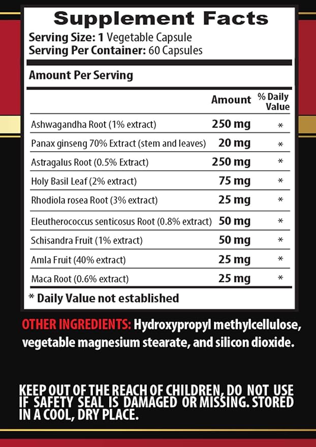 ADAPTOGEN Supplement - Amla Fruit Eleutherococcus senticosus Holy Basil Leaf Panax Ginseng Schisandra Fruit Rhodiola rosea Maca Astragalus Root Adaptogen Blend Natural 1Bot