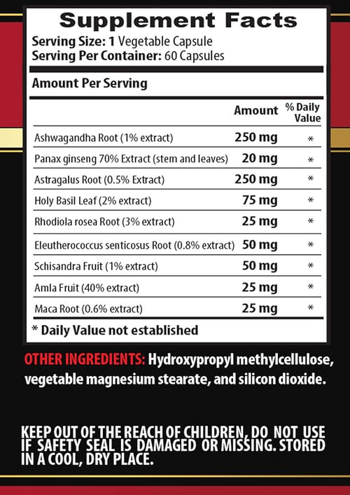 ADAPTOGEN Supplement - Amla Fruit Eleutherococcus senticosus Holy Basil Leaf Panax Ginseng Schisandra Fruit Rhodiola rosea Maca Astragalus Root Adaptogen Blend Natural 1Bot