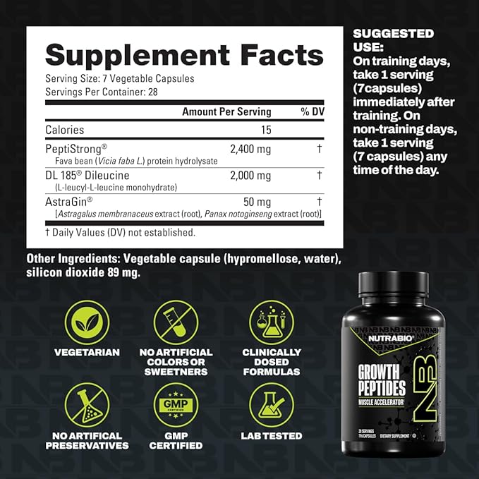 NutraBio Growth Peptides |Muscle Accelerator with DiLeucine &amp PeptiStrong | Peptides for Muscle Growth Men &amp Women- 28 Servings- 196 Capsules