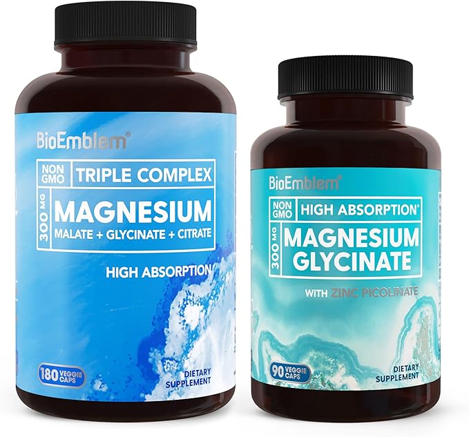 BioEmblem Triple Magnesium Complex and Magnesium glycinate with Zinc for Brain Health Enzyme Function and Muscles and Legs