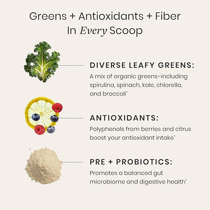 Perelel Synbiotic Greens Powder Superfood Blend with Fruits Vegetables Probiotics Fiber Spirulina &amp Chlorella Daily Greens Supplement Soy &amp Gluten Free Non GMO Acai Berry Flavor 30 S