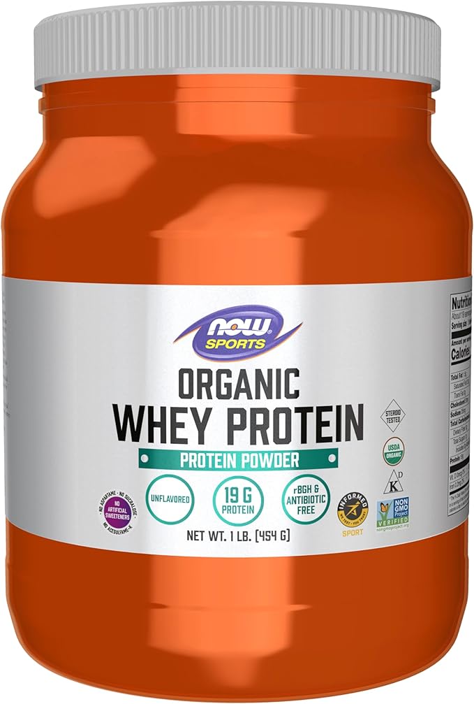 NOW Foods Sports Nutrition Certified Organic Whey Protein 19 g Unflavored Powder 1-Pound