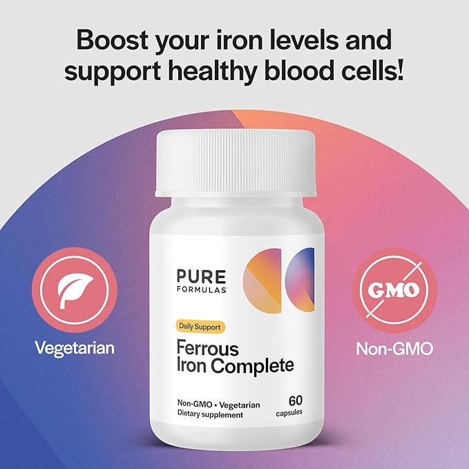 Ferrous Iron Complete: 29 mg Iron Supplement Iron with Vitamin C Vitamin B12 B6 Thiamin and Folate Blood Support Supplement for Men &amp Women Without GI Side Effects - 60 Capsules
