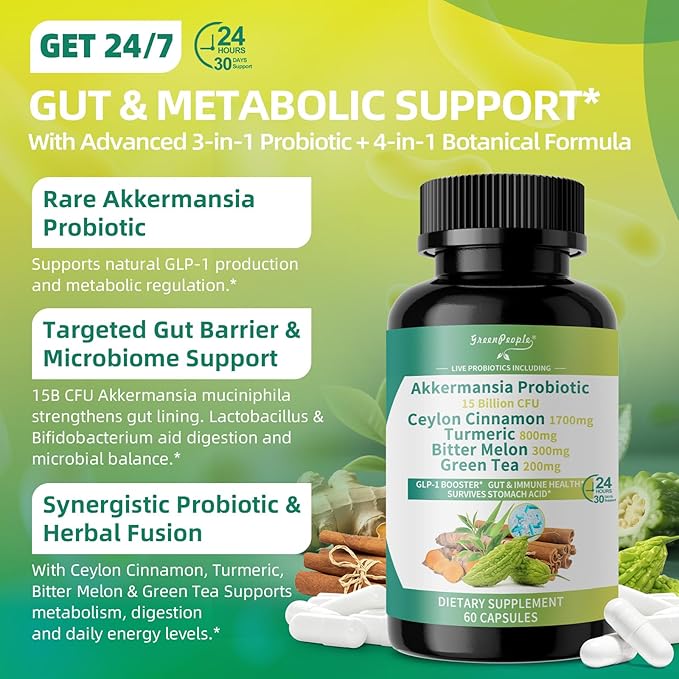 GREENPEOPLE Akkermansia Probiotics 15B CFU for Gut Function 60CT Probiotics Supplement with Ceylon Cinnamon Turmeric | Digestive Health &amp Metabolic Support | Women &amp Man | Vegan &amp Gluten