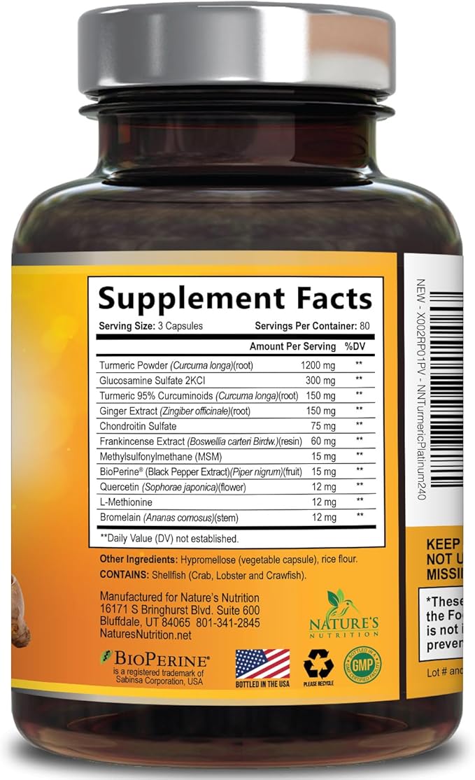 Turmeric Curcumin Supplement - 95% Curcuminoids with Glucosamine Ginger &amp MSM BioPerine Black Pepper Extract for Best Absorption Natural Vegan Joint Support Non-GMO Bottled in USA - 240 Capsu