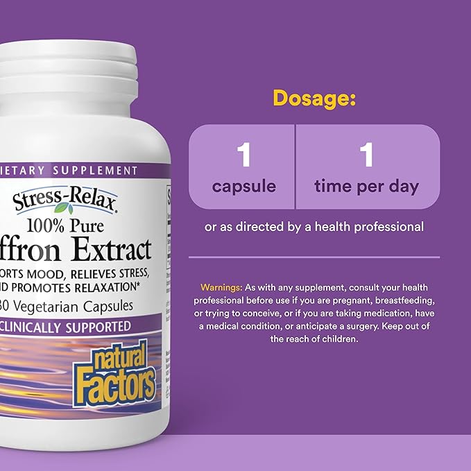 Natural Factors 100% Pure Saffron Extract - Supports Restful Sleep &amp Calm Outlook - Natural Herbal Supplement for Relaxation Support - 30 Vegetarian Capsules (30 Servings)