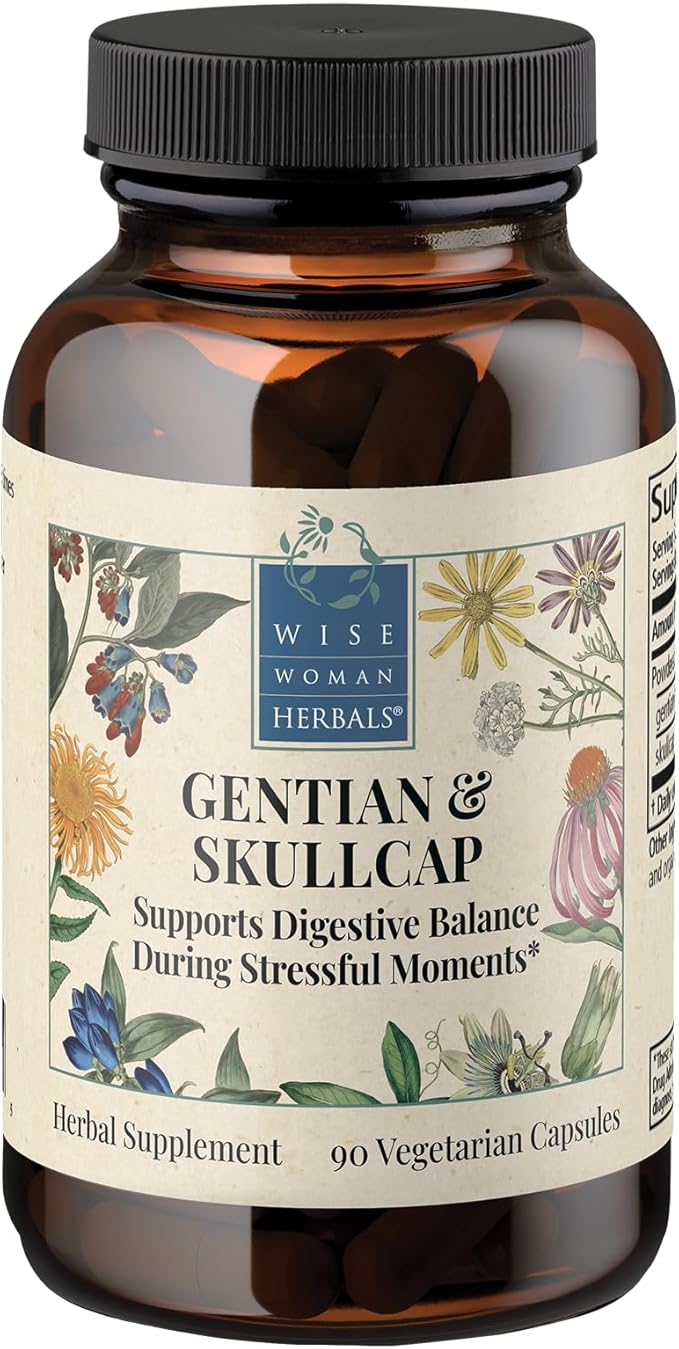Wise Woman Herbals Gentian &amp Skullcap Digestion Support Supplement Non-GMO Bloating &amp Indigestion Relief Supports GI Motility &amp Gut Comfort Mood Balance 90 Veg Caps