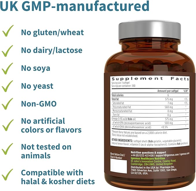 Igennus Ultra Pure Omega-3 EPA 500mg Highly Concentrated IFOS Certified Wild Fish Oil Advanced rTG Triglyceride Form Non-GMO 180 Small Softgels