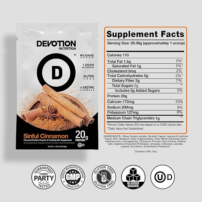 Devotion Nutrition Protein Powder Blend | Gluten Free Keto Friendly No Added Sugars | 1g MCT | 20g Whey &amp Micellar Protein | 12 Count Packets (Sinful Cinnamon)