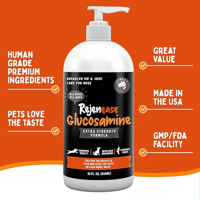 Liquid Glucosamine for Dogs with Chondroitin MSM &amp Hyaluronic Acid (32oz). Hip &amp Joint Supplement Supports Better Mobility &amp Promotes New Cartilage. Eases Joint Stiffness. Rejenease Made
