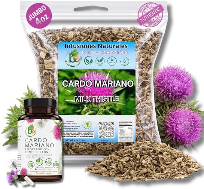 Cardo Mariano Herb Tea &amp Capsules | Vegan | 100% Pure &amp Natural Milk Thistle | Loose Tea 4oz (113g) + 60 Capsules (1000 mg Each) - Herbal Dietary Supplement | Extra Forte