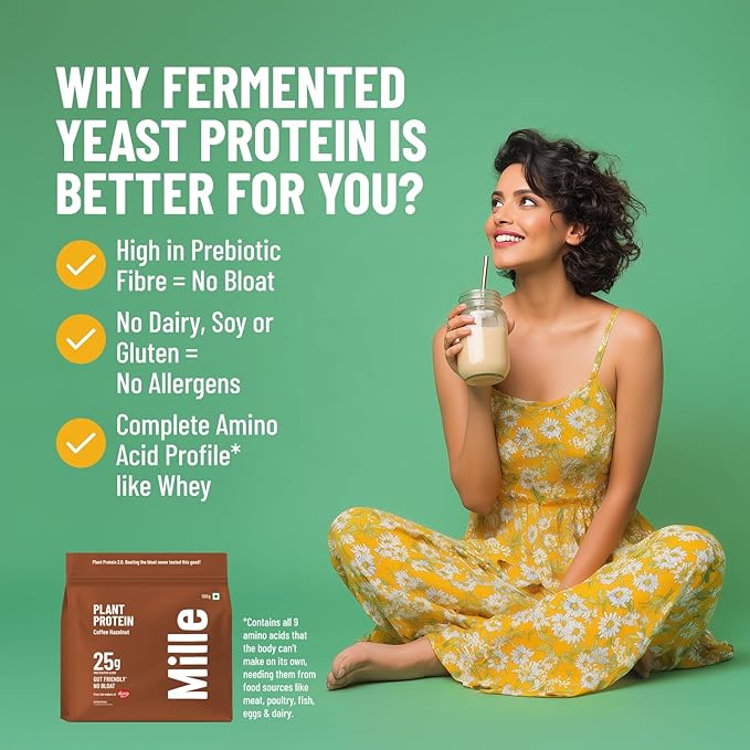 Mille Coffee Hazelnut Plant Protein Powder | 25g Protein per Scoop | Vegan Yeast Protein for Shakes &amp Smoothies | No Added Sugar Non-Bloating Clean Plant-Based Blend | 17.64 Oz (500g)