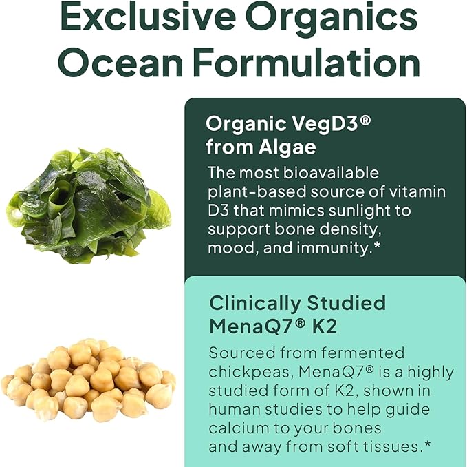 Organics Ocean Better D3 + K2-100% Organic VIT D3 and K2 Supplements with Maximum Bioavailability - Supports Bone Density Calcium Balance Immunity &amp Mood - 1-Pack 30-Day Supply