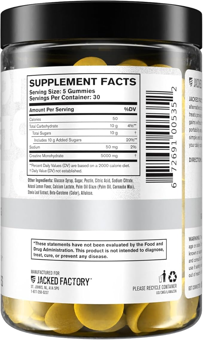 Jacked Factory Creatine Gummies 5g Daily Dose (1g per Gummy) - Creatine Gummy for Men and Women Vegan-Friendly Travel-Friendly Third-Party Tested - 150 Gummies Lemon